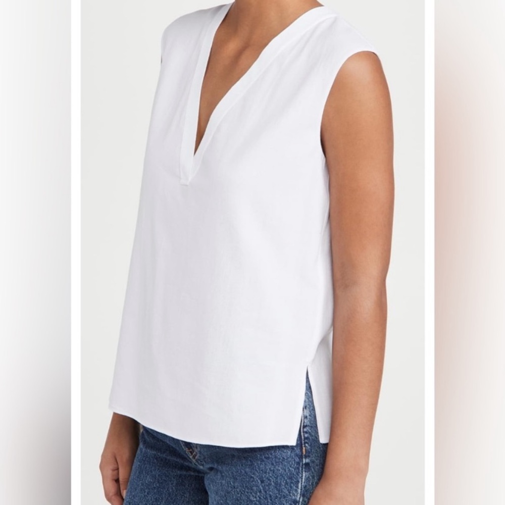 Vince Rib Knit Trim Sleeveless V Neck Gauzy Cotton Top in Optic White MED - Picture 3 of 16